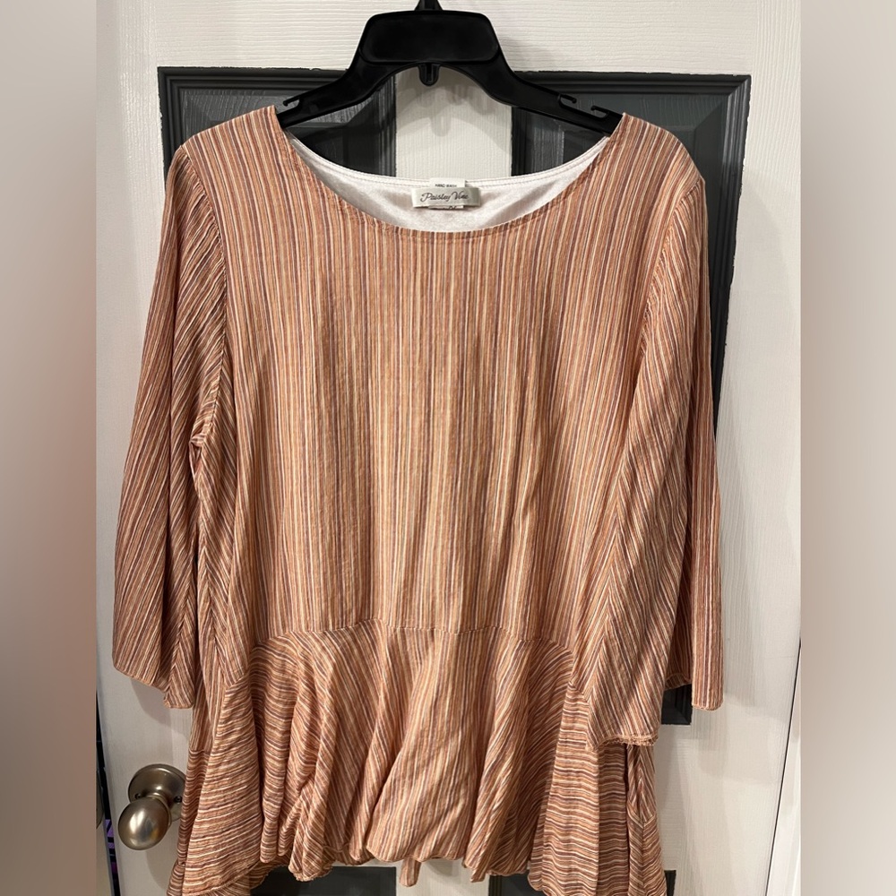 Paisley Vine Orange Tan Ribbed Pleated Blouse